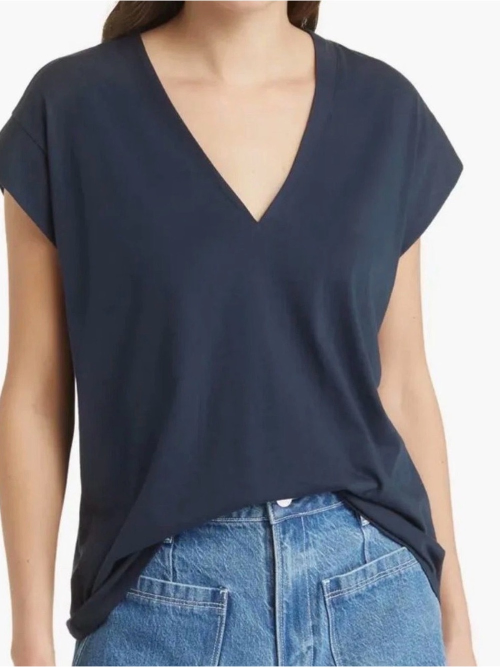 Frame Women’s Medium Le Mid Rise V-Neck T-Shirt Navy Blue Pima Cotton Sleeveless